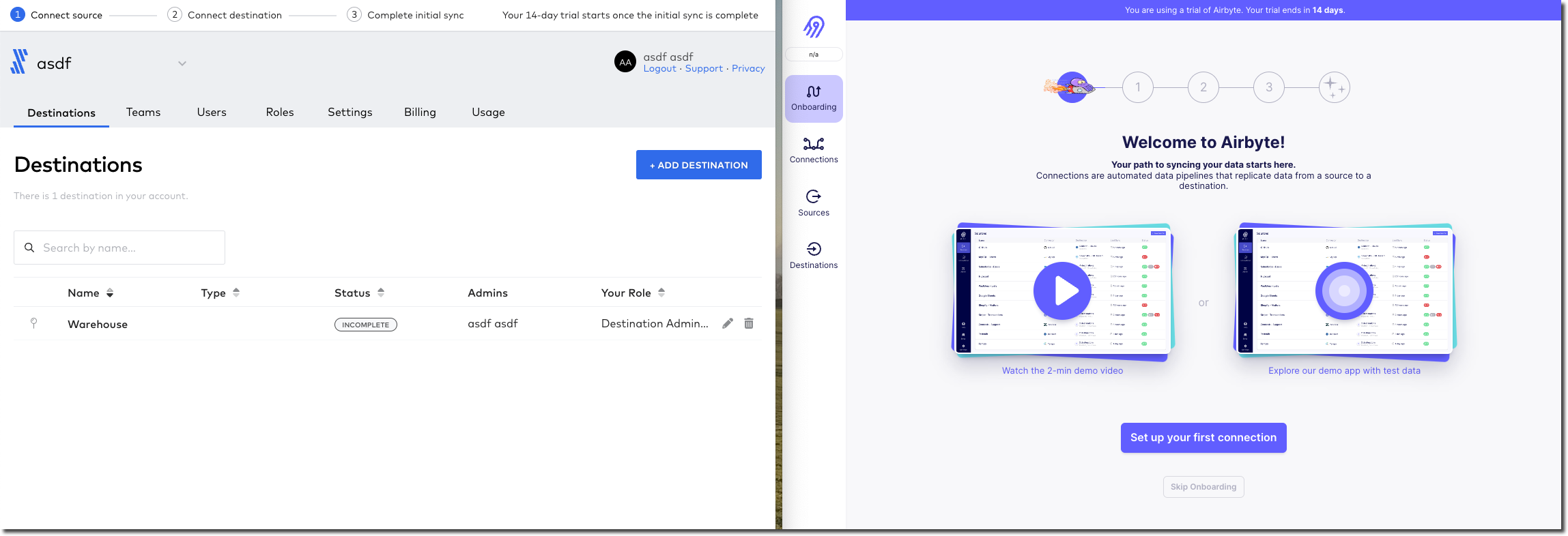 Fivetran and Airbyte - initial dashboard after signup